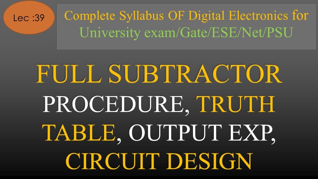 Lec-39 Full Subtractor | Truth Table | Circuit Design | Output ...
