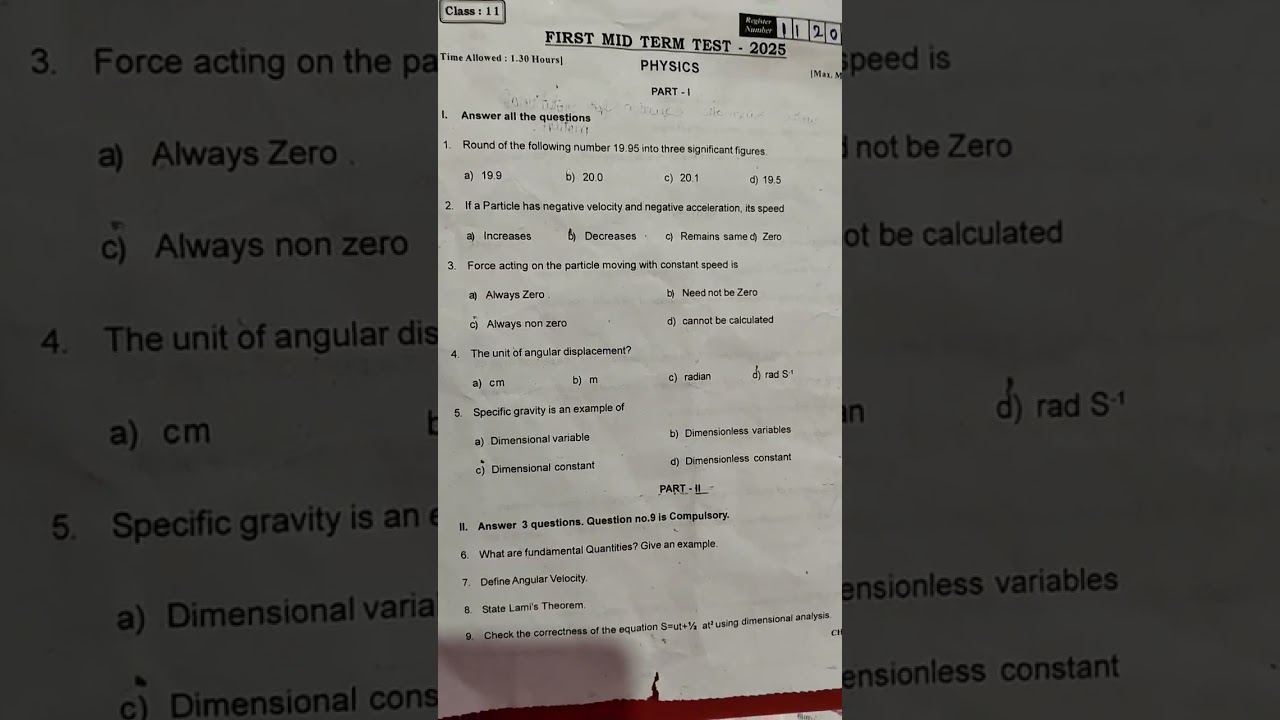 11th Physics First Mid Term Original Question Paper Chennai District 2025