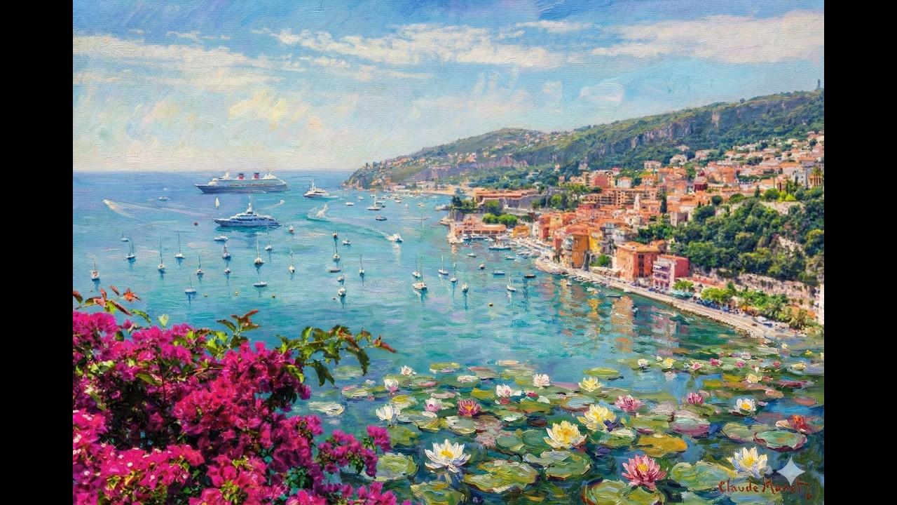 4K AI Monet Water Lily style coast city with relaxing music