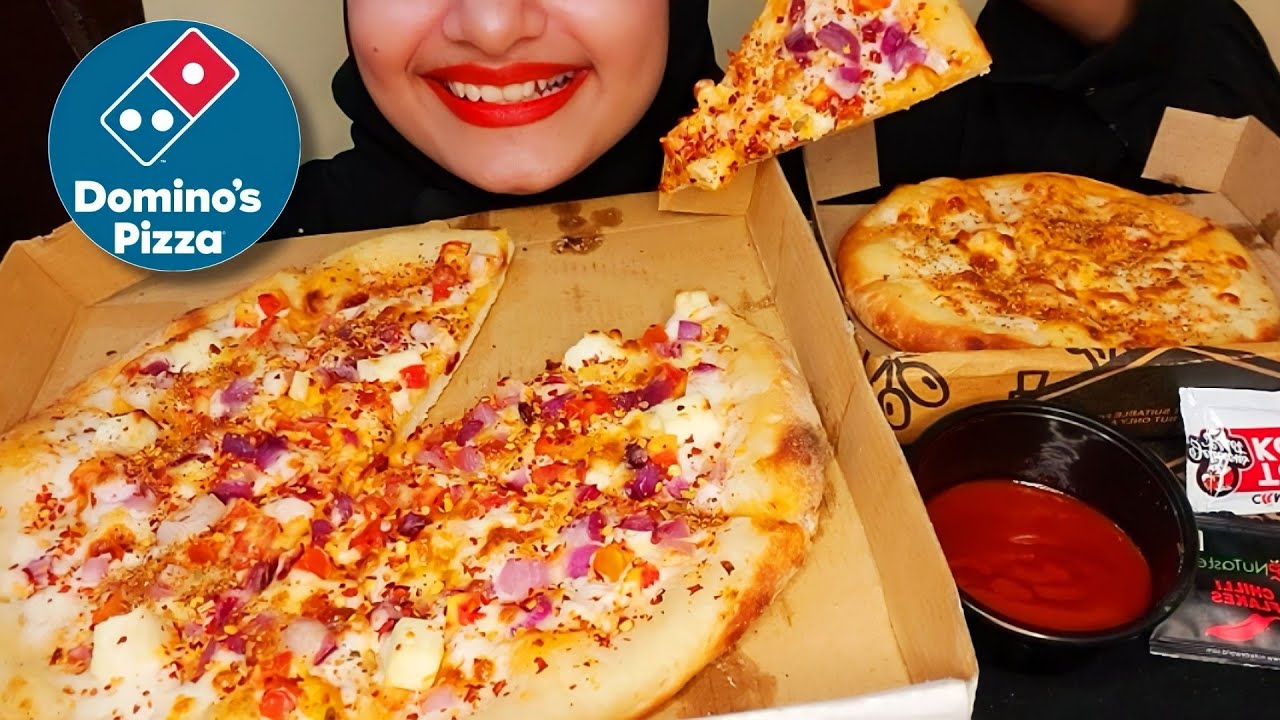 LARGE DOMINO'S COUNTRY FEAST PIZZA MINI MARGHERITA PIZZA DOMINO'S LARGE PIZZA EATING