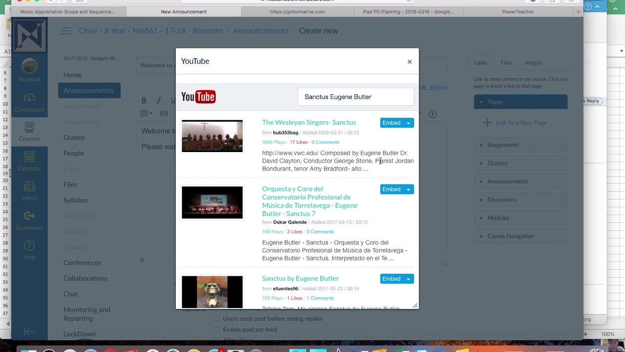 Canvas Announcements and rich media YouTube