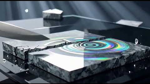 Super-sharp knife slices sapphire, obsidian, quartz; realistic cracks, cleavages, mirror cross-secti