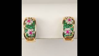 ESTATE - 14K Yellow Gold Emerald, Ruby, and Diamond Earrings