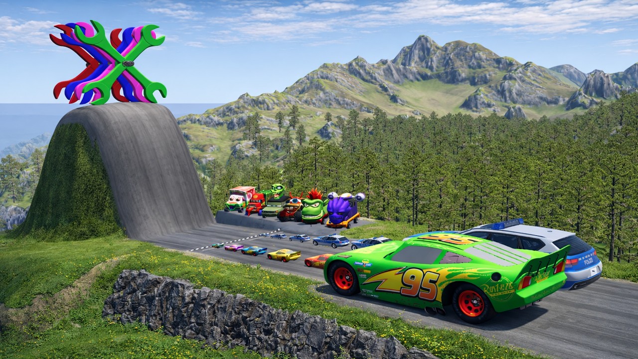 Big & Small McQueen & Police Car vs Zombie Mack, Giant Bulge & Giant Spanner! – BeamNG.drive