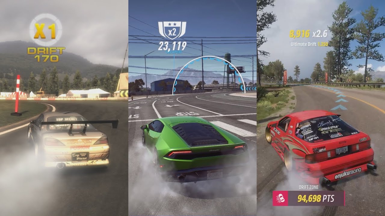 Drift Events in 30 different racing games (NFS, Juiced, Forza, Gran Turismo and more)