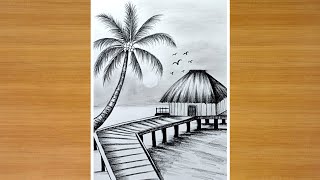 Evening sunset sea beach scene sketching with charcoal pencil || scenery drawing tutorial 