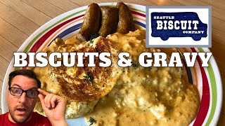 Seattle Breakfast: Gorgeous Cheesy Biscuits & Gravy @ Seattle Biscuit Company • Andouille Sausage