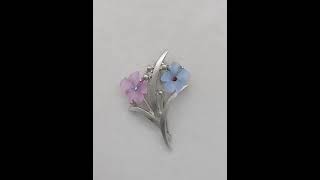 Vintage Pink Blue Lucite Flower Stem Brooch Pin Rhinestones Silver Tone Metal