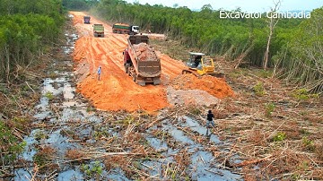 Great Activity Make New Road By Operator Skills Bulldozer Pushing Soil And Dump Truck Unloading Soil