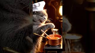 Simmering cat chef stirs tomato soup pot, steam curls past hat 🐱🍲 #shorts #funny #petcooking