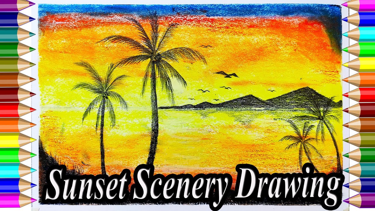 How To Draw a beautiful sunset scenery step by step For Beginner