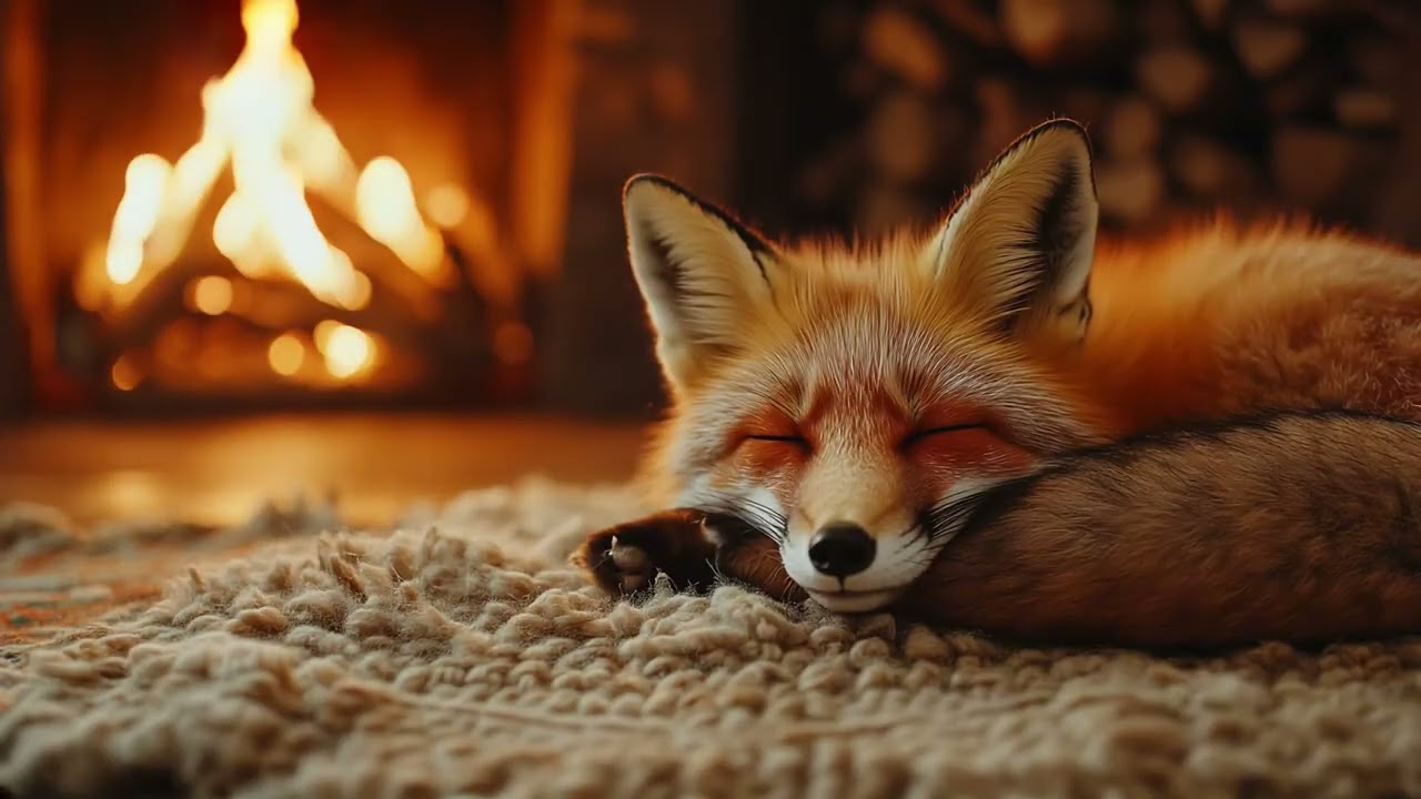 🦊 Sleeping Fox by the Fireplace – Relaxing Sleep Music | Animal Ambience & Cozy Sounds 🔥💤