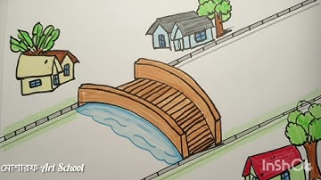 “Beautiful Bridge & Village House Scenery Drawing | Tree & Green Field Landscape Art Tutorial”