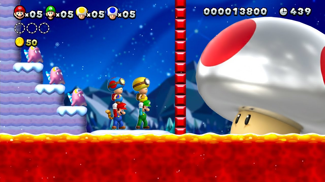 New Super Mario Bros U (Snowy)– 4 Players Co Op Walkthrough #1