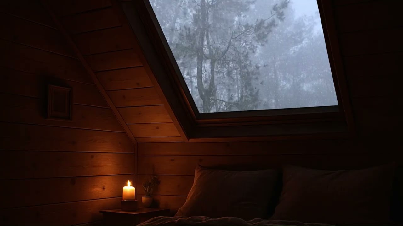 Heavy Rain & Thunder on Skylight Window 🌧️⚡ | Cozy Wooden Cabin Ambience for Deep Sleep & Relaxation