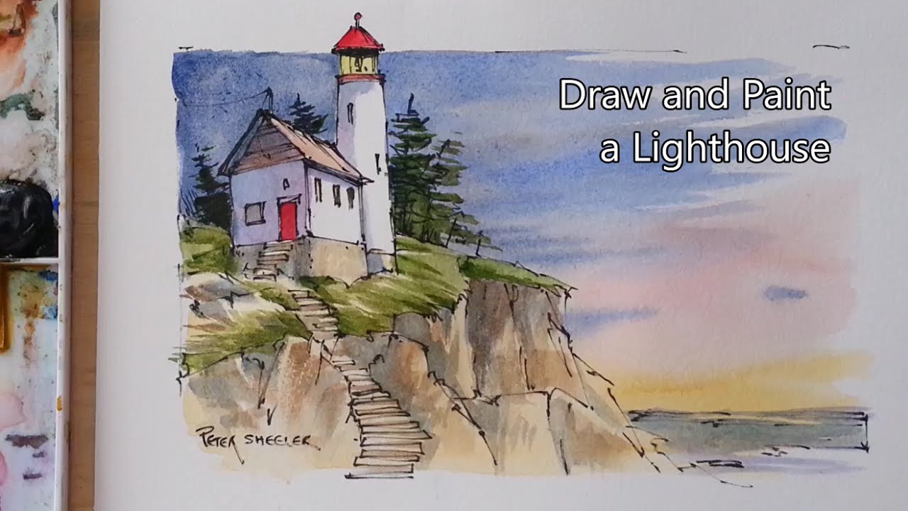 How to Draw and Paint a Lighthouse. Line and Wash Watercolor. Peter