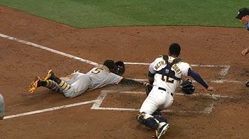 PIT@SD: Harrison hustles home on a wild pitch