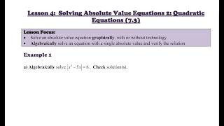 Math 20-1 Lesson 4: Solving Absolute Value Equations (Quadratic Equations)