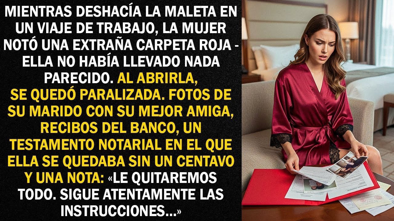 Mientras deshacía la maleta en un viaje de trabajo, la mujer notó una extraña carpeta roja...