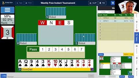 BBO Weekly Free Instant Tournament with bridge teacher Mark Nehs. 0 on 3. Ended up 59%. Questions?