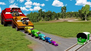 Big & Small Rainbow Pixar Snot Rod car vs Hulk Thomas the Tank Engine Train | BeamNG.Drive