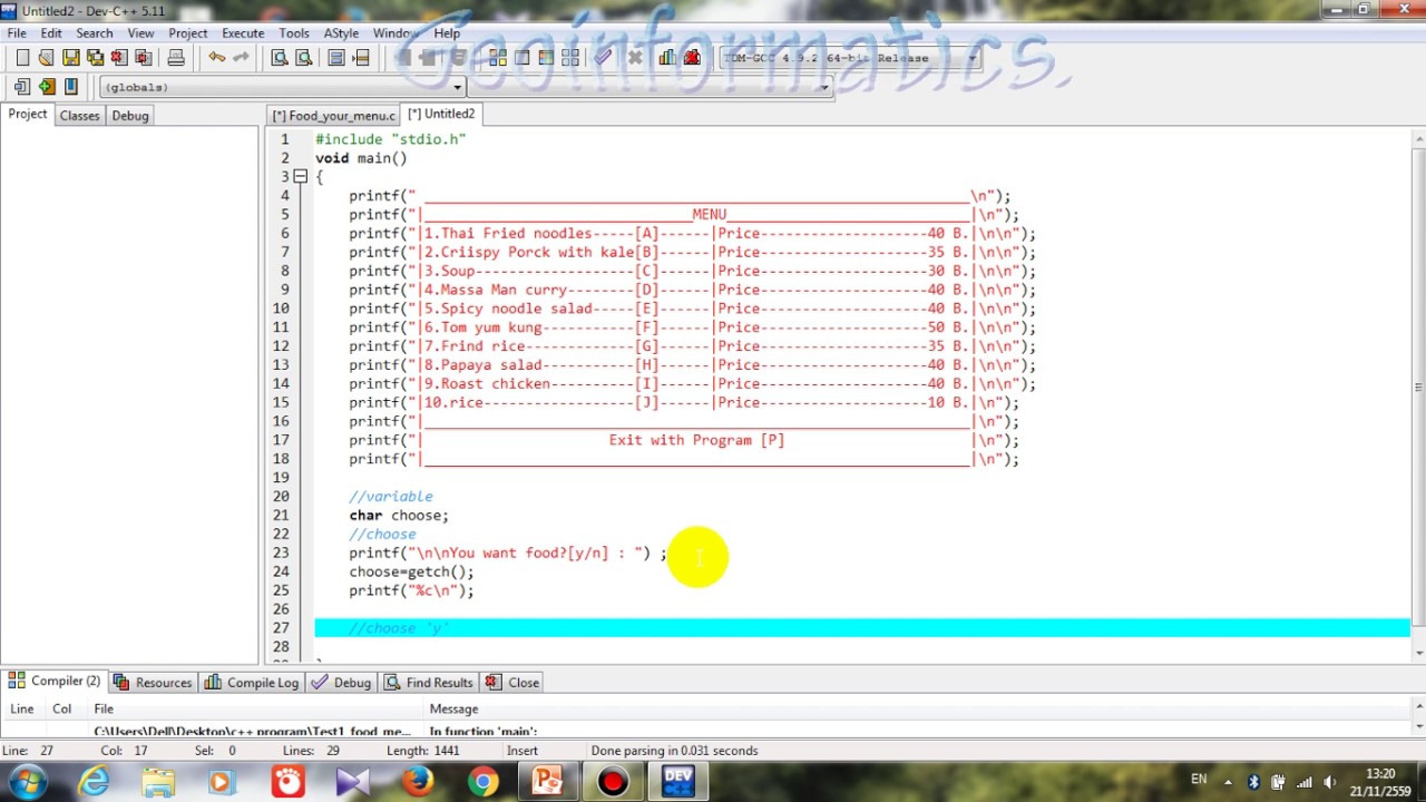 การเขียนภาษา c  2022 New  เขียนโปรแกรมภาษาCเบื้องต้น -(Food-Menu)การสร้างเมนูอาหาร และ สั่งอาหารจากเมนู ง่ายๆ