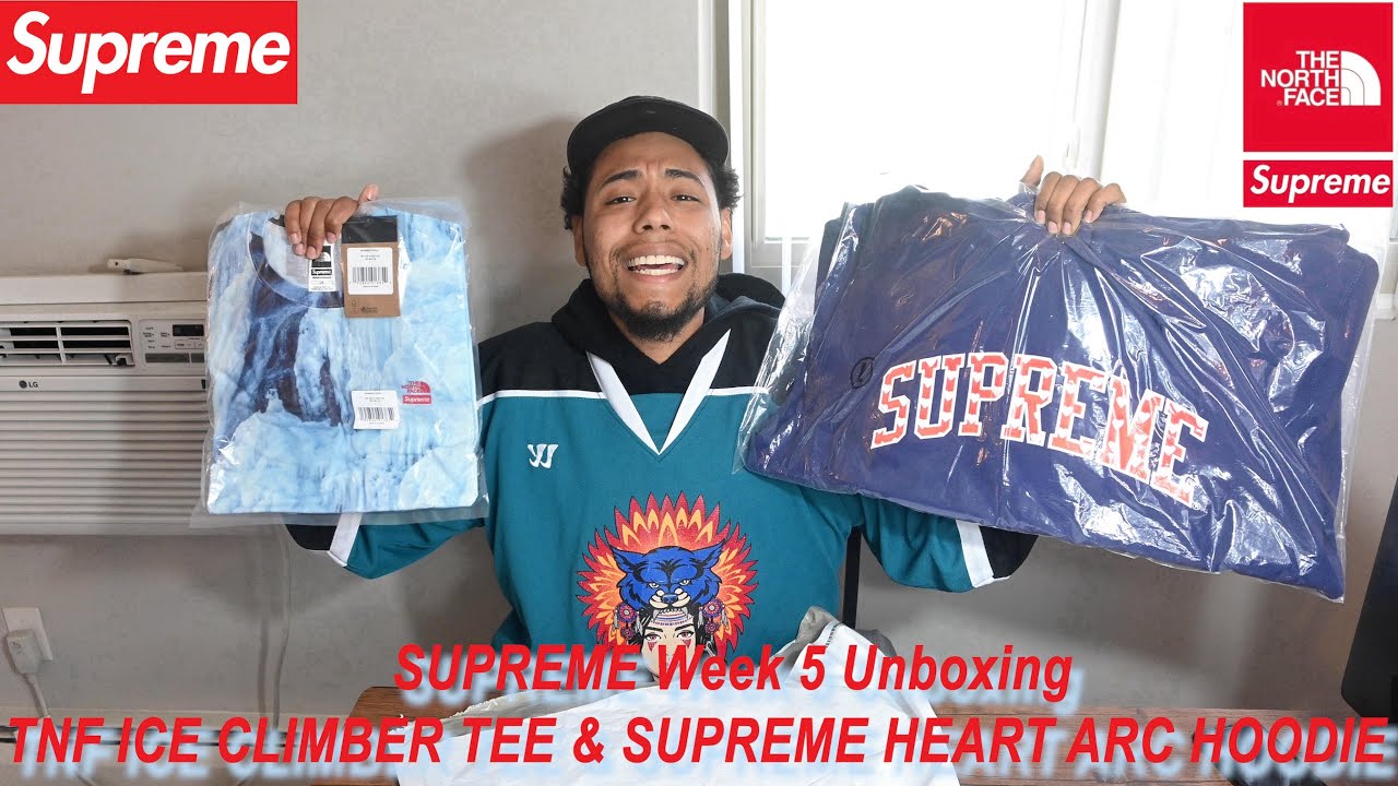 Supreme Heart Arc Hooded Sweatshirt Washed Navy & TNF Ice Climber Tee  Unboxing(I TRY ON EACH ITEM)