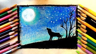 Lone Wolf and the Moon - Draw scenery - Color Pencils