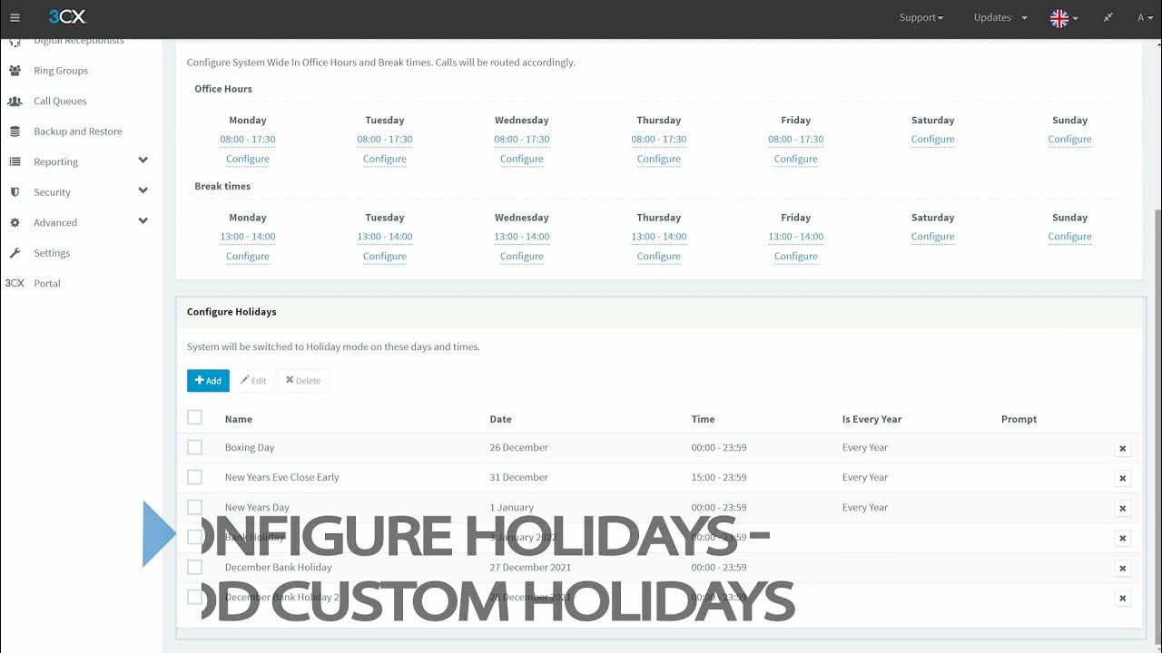 Configuring office hours in the 3CX Management Console YouTube