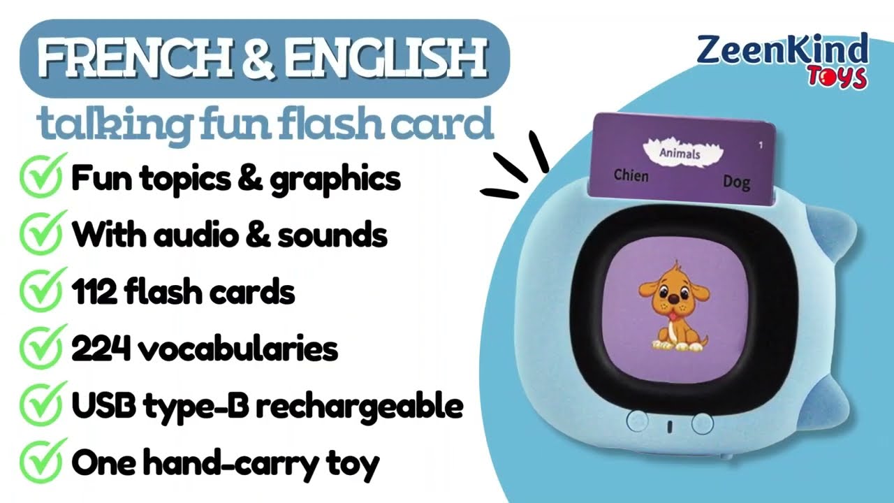  ZEENKIND French & English Talking Flash Cards for Toddlers Age  3-6 Years Old, Learn French for Kids, Francais Motami Rechargeable Pocket  Speech Early Learning Bilingual Flashcard Toys with 112 Cards 