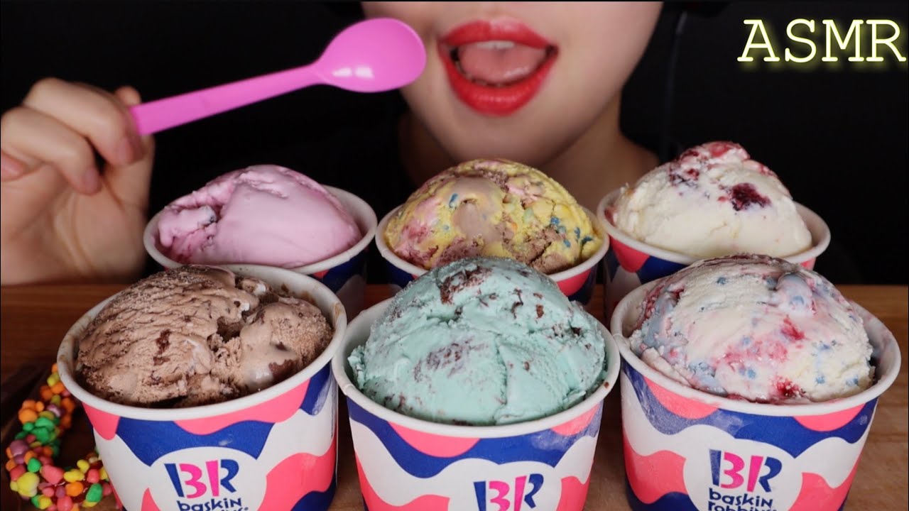 ASMR BASKIN ROBBINS 6 FLAVOR ICE CREAM , EDIBLE SPOON, NERDS ROPE RAINBOW MUKBANG EATING SOUNDS