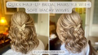 Half-Up Hairstyle with Soft Beachy Waves on Short Hair - Bride &amp; Bridesmaid Hairstyle Inspo!