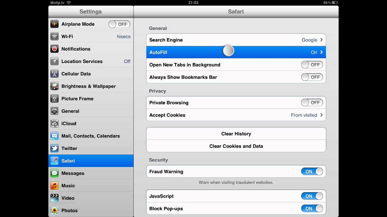 turn off autofill safari ipad