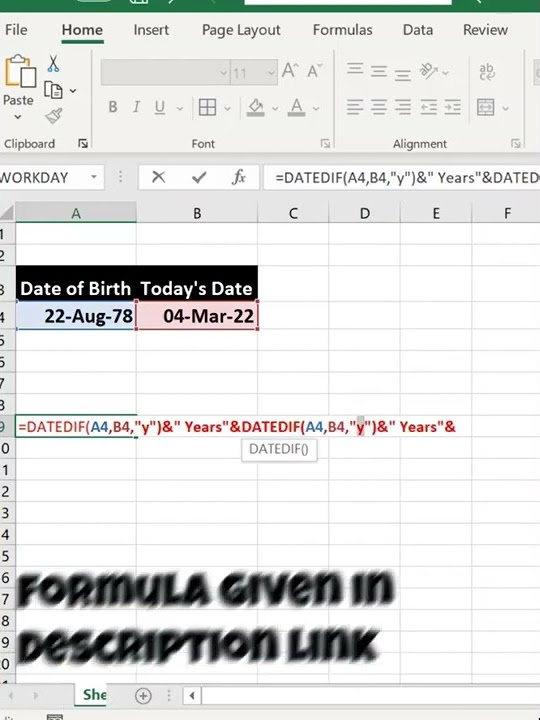  shorts datedif formula find dob year month days excel exceltutorial