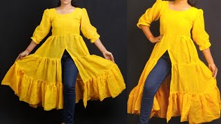 designers front open frill kurti cutting and stitching/friil gown cutting