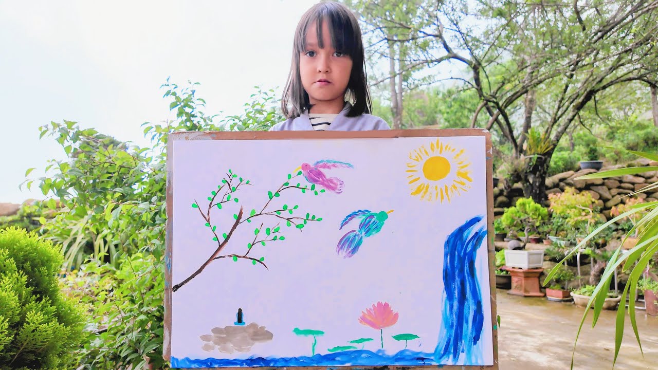 Nature Painting by 6-Year-Old Kid Artist Mia Mai | Acrylic Art | Waterfall, Birds & Lotus | Zen Art