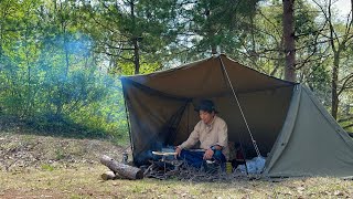 Japanese solo camping enjoying a bonfire | Relaxing in the spring forest | ASMR