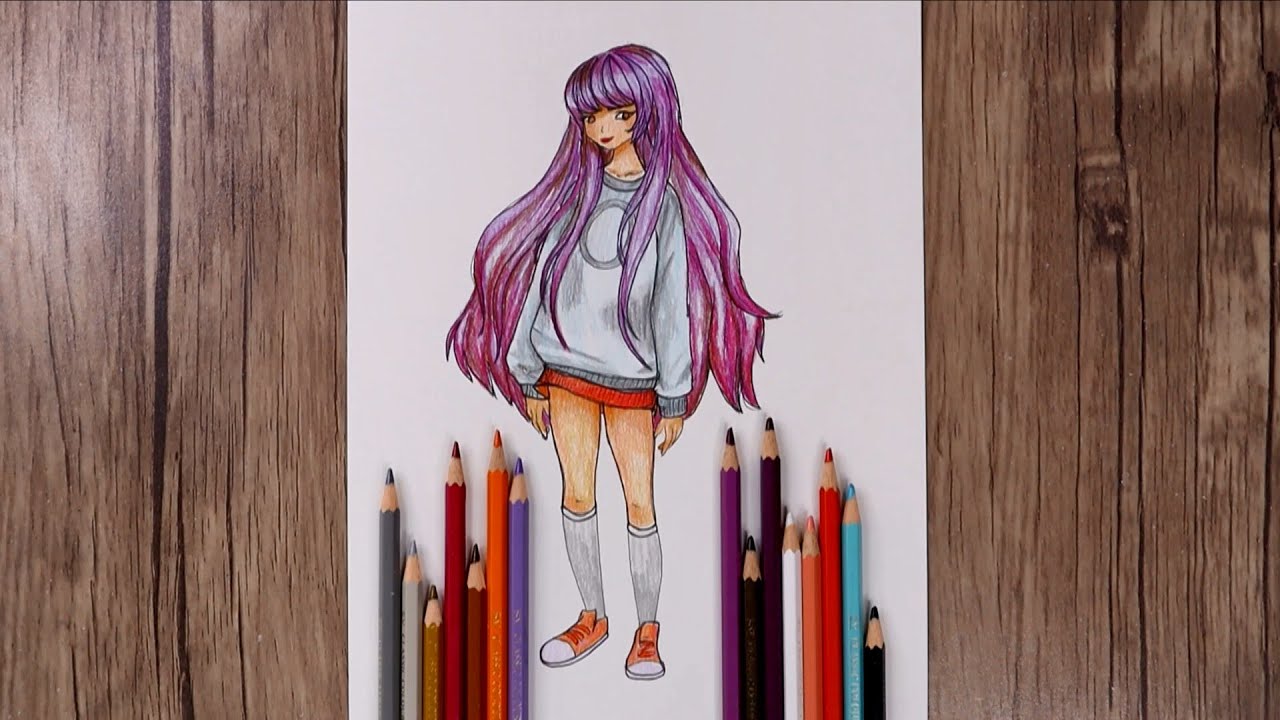 How to Draw an Anime Girl Full Body with Colored Pencils  Easy Anime  Drawing  YouTube