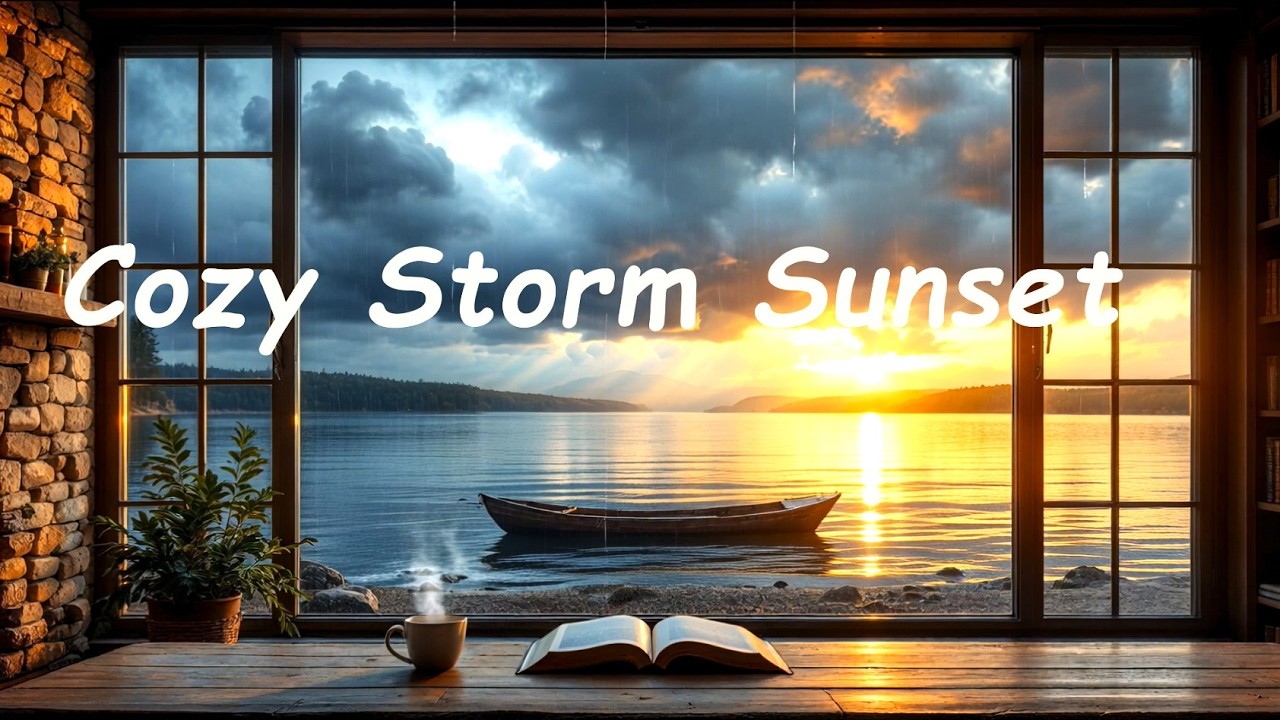 Бурный золотой час у озера 🌩️ Уютный камин Джаз и дождь