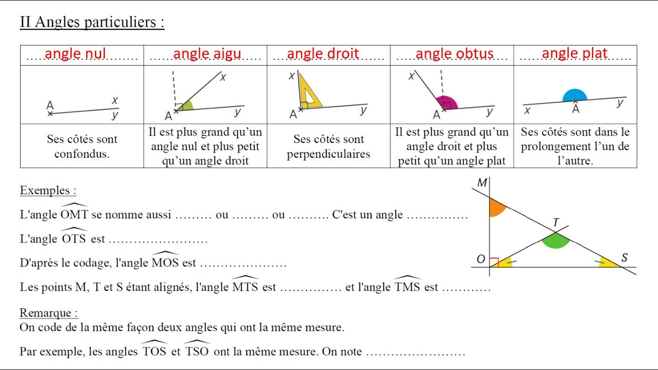 6e leçon Angles II Angles particuliers - YouTube