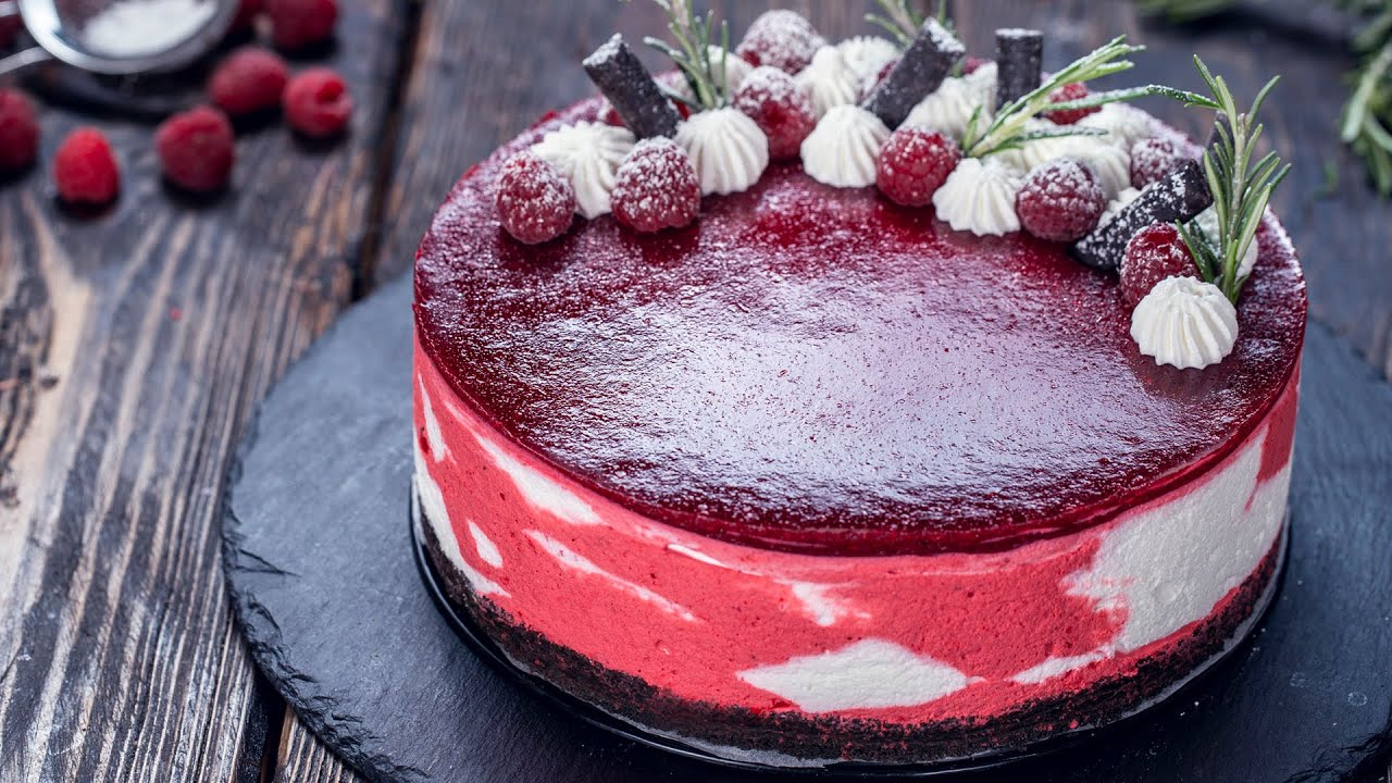 No-Bake Raspberry Yogurt Zebra Cake - Christmas Yogurt Mousse Cake
