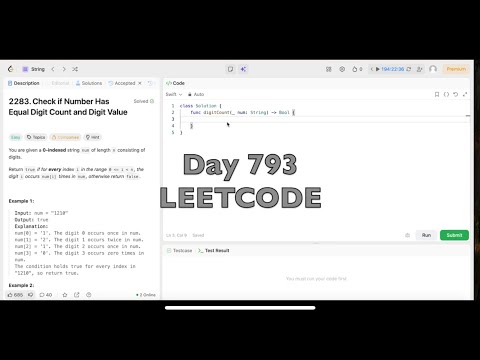 Day 793: LeetCode Problem 2283. Check if Number Has Equal Digit Count and Digit Value - Swift