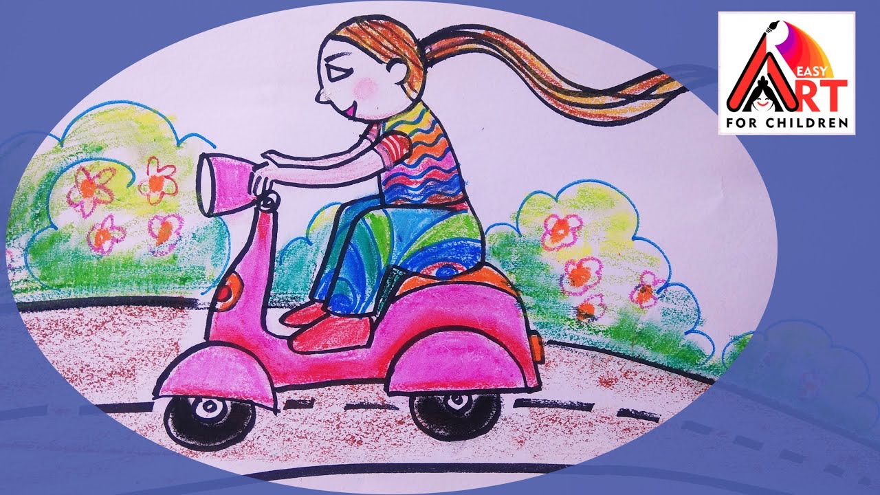 THE SCOOTER GIRL.EASY DRAWING & COLOURING TUTORIAL