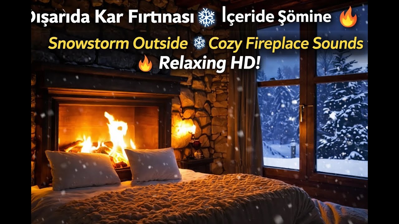 Dışarıda Kar Fırtınası ❄️ İçeride Şömine Çıtırtısı 🔥 Snowstorm Outside Cozy Fireplace Sounds Relax.