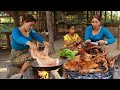 Survival skill- Roasted pig head spicy chili with special recipe- Cooking pig head eating delicious