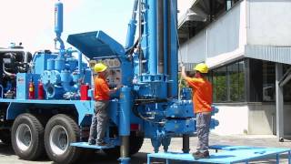 M.I.45 water wells drilling rig, 45 tons pull-back and carousel pipe loader