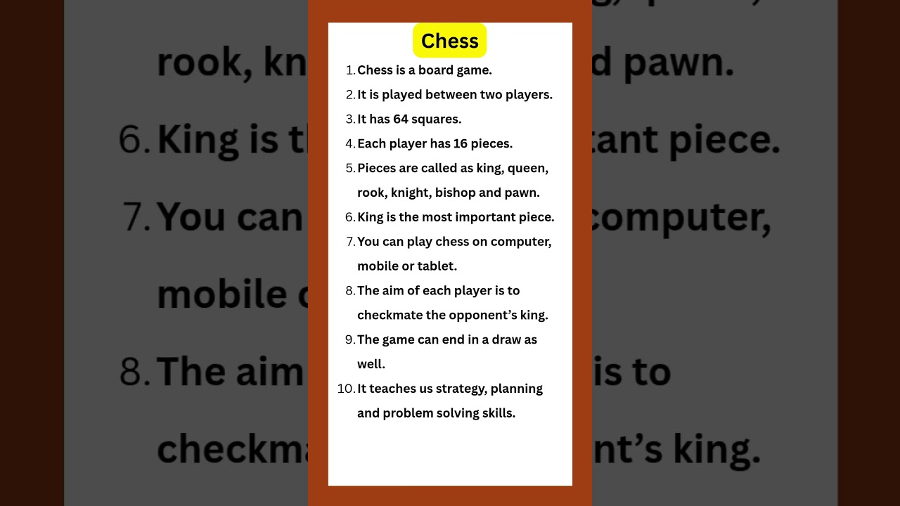 10 lines essay on chess||chess||Essay On chess||Essay on chess in english ||My favourite game chess