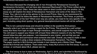 HUM 120 Essay 2: Renaissance Humanism and The Prince