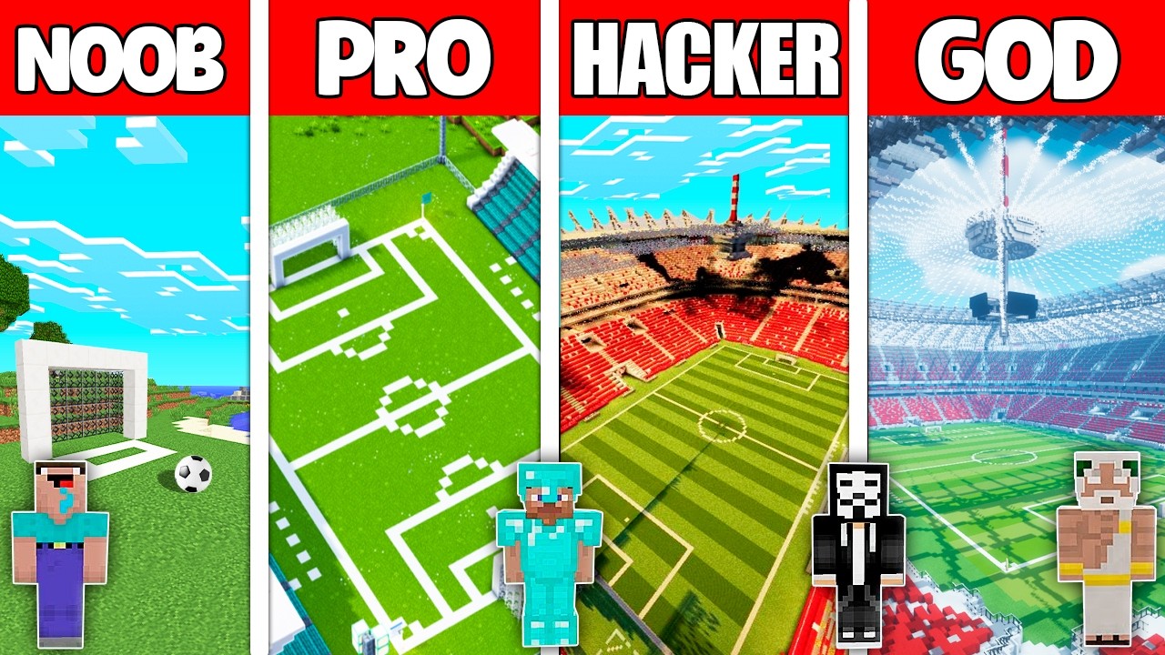 Minecraft Battle: NOOB vs PRO vs HACKER vs GOD! FOOTBALL SOCCER STADIUM BUILD CHALLENGE in Minecraft