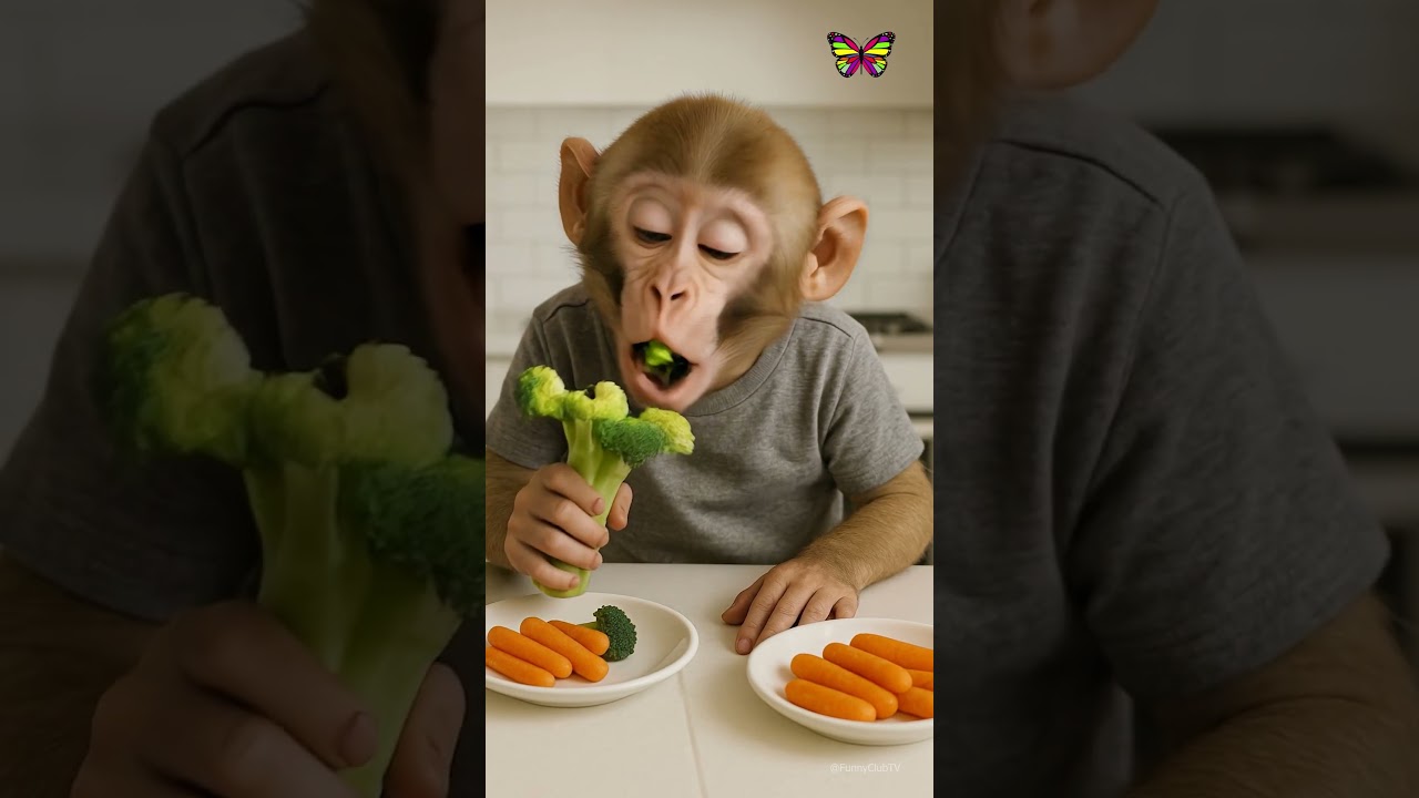 funny cute monkey eating broccoli 🥦